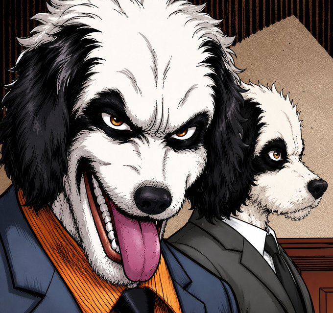 Two black-and-white dogs in suits, with the larger one in front wearing an orange shirt and tie. The image accompanies a post promoting the $DOW token and claiming an opportunity to frontrun whales, KOLs, and @vladtenev.