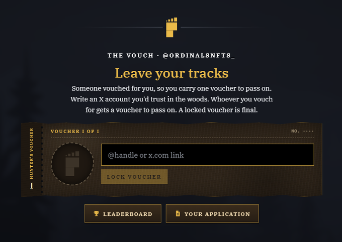 A webpage titled "THE VOUCH - @ORDINALSNFTS_" instructs users to "Leave your tracks" by vouching for trusted X (formerly Twitter) accounts, with a voucher interface labeled "VOUCHER 1 OF 1" for entering "@handle or x.com link" before locking it. This relates to the post's confusion, as the limited "1 OF 1" voucher reflects the scarcity mentioned ("only 1 LOL"), making the vouched recipient unique and final once locked.