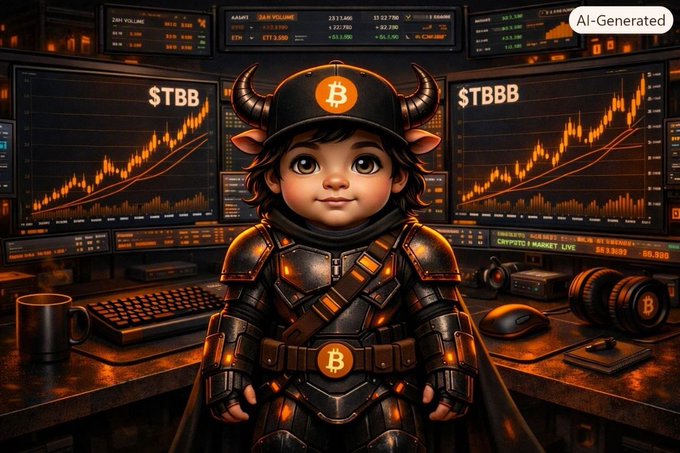 An AI-generated image shows a chibi-style character wearing black horned Bitcoin-themed armor, standing in front of monitors displaying candlestick charts labeled '$TBB' and '$TBBB'.