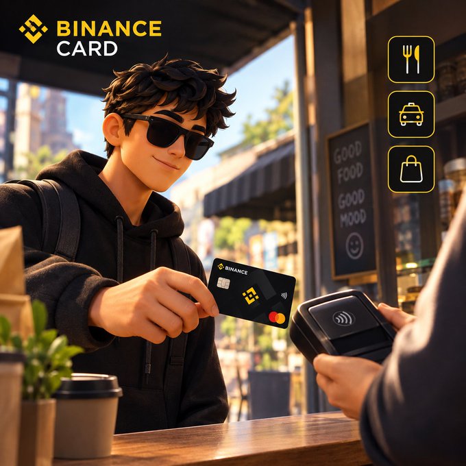 An animated advertisement for Binance Card featuring a young man in sunglasses using a black Binance credit card to make a contactless payment at a café, with icons for dining, transportation, and shopping displayed on the right.