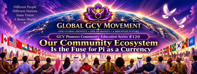 The image is a promotional banner for the "Global GCV Movement" featuring diverse people from around the world holding flags, with the title "Our Community Ecosystem Is the Fuse for Pi as a Currency" and the subtitle "GCV Pioneers Community Education Series #120," visually emphasizing global unity in support of Pi cryptocurrency—aligning with the post's emphasis on education and a shared vision across nations.