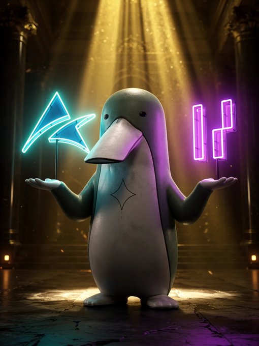 A 3D-rendered platypus stands in a grand, dimly lit hall, holding a glowing blue 'send' arrow icon in one hand and a purple 'pause' icon in the other.
