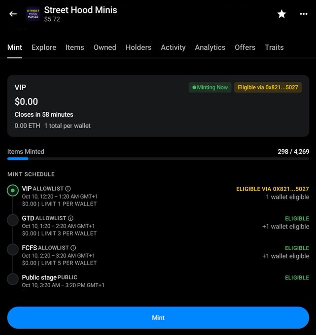 A NFT minting page for 'Street Hood Minis' ($5.72) showing a VIP mint schedule with eligibility status and a Mint button.