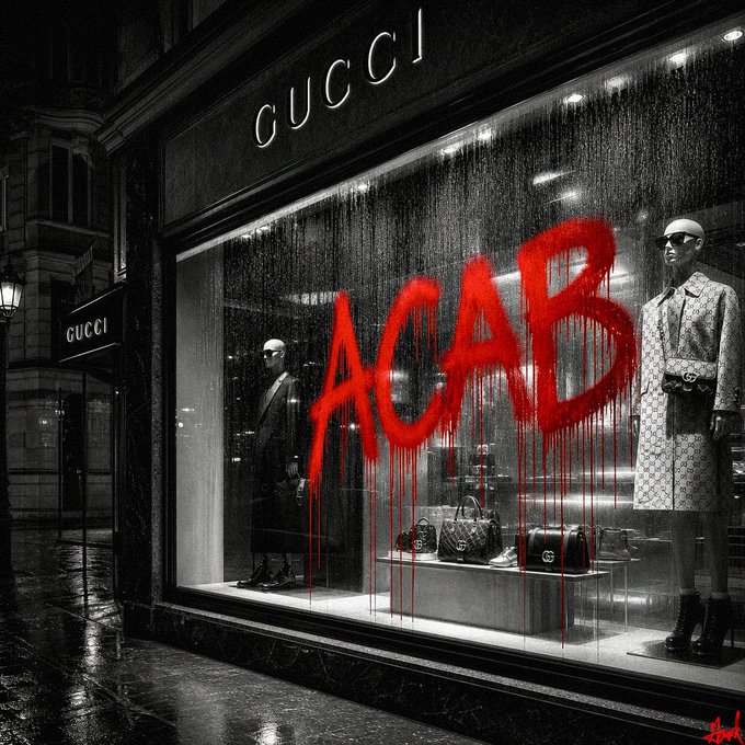 Black and white photo of a Gucci storefront with mannequins, featuring 'ACAB' spray-painted in dripping red on the window.