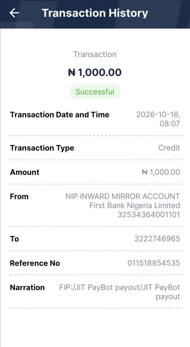 A screenshot of a 'Transaction History' page showing a successful ₦1,000.00 credit transaction from NIP INWARD MIRROR ACCOUNT First Bank Nigeria Limited, dated 2026-10-16, with the narration 'FIP:/JIT PayBot payout'.
