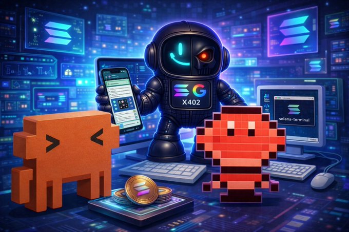A digital illustration featuring a black robot character labeled 'X402' holding a smartphone, flanked by an orange mascot and a red pixelated creature, set against a futuristic background with Solana logos.
