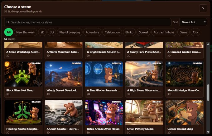 A "Choose a scene" interface displaying 56 studio-approved backgrounds with various themes, showing scenes like "A Small Workshop," "A Warm Mountain Cabin," and "Black Glass Hot Shop" featuring bear characters.