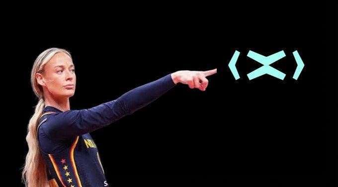 A photo of a woman in athletic wear pointing to the right, with a large cyan 'X' logo displayed next to her hand on a black background.