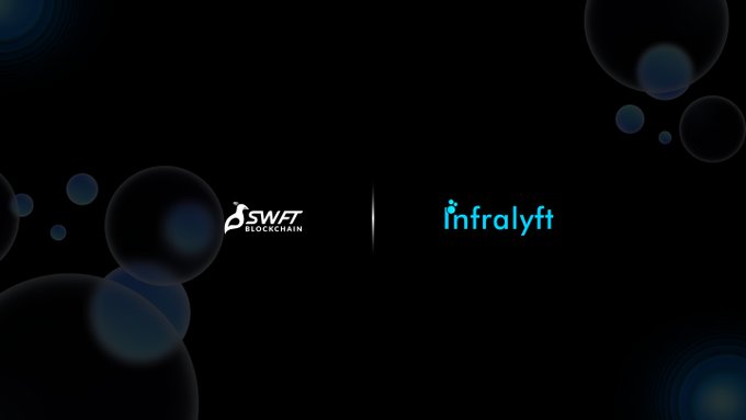 A dark graphic showing two logos separated by a vertical line: 'SWFT Blockchain' on the left and 'Infralyft' in blue text on the right, with translucent blue bubble shapes.