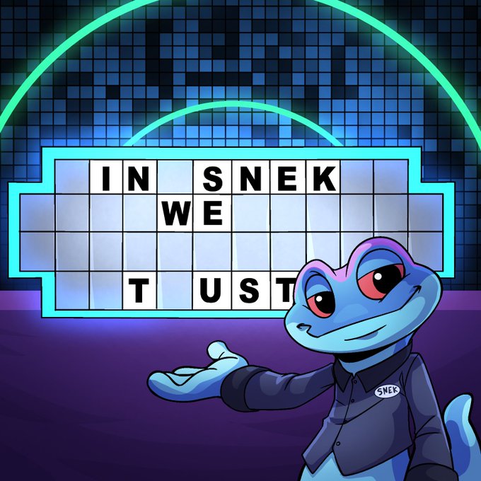 A blue cartoon snake character wearing a 'SNEK' shirt gestures toward a crossword puzzle showing letters 'IN SNEK', 'WE', and 'T U S T'.