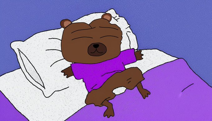 An illustration of a cartoon brown bear sleeping peacefully on a white pillow under a purple blanket, set against a dark blue background.