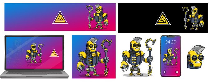 A brand identity mockup displays a yellow and black robot mascot holding a staff, presented across various digital and merchandise formats with a geometric triangle logo.
