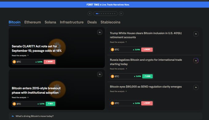 The image shows a crypto news dashboard from Midas Markets featuring Bitcoin market analysis, with headlines about the Senate CLARITY Act (18% passage odds for September 15), Russia's legalization of crypto for international trade, and Bitcoin eyeing $90,000 amid SEND regulation clarity, with BTC indicators showing mixed signals (5.00% with varying BUY/SELL ratings).

The image relates to the post by showcasing Midas Markets' crypto trading platform and news offerings, illustrating the type of market intelligence and analysis tools the platform provides to attract traders beyond initial novelty.