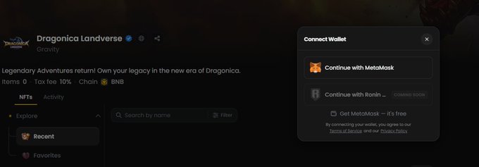 The image shows a "Connect Wallet" prompt for "Dragonica Landverse," a Gravity-developed NFT marketplace on the BNB Chain, displaying options to connect via MetaMask or Ronin. This relates to the post as the wallet connection screen indicates that Dragonica Landverse is expanding to the Ronin Network, suggesting a new blockchain integration for the game.
