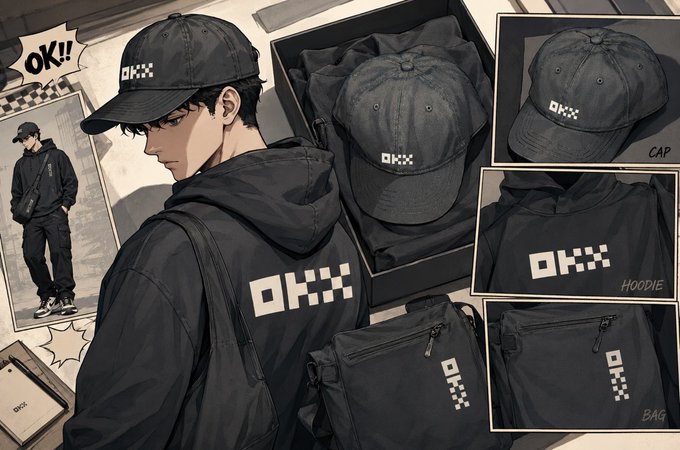 An anime-style illustration showing a character wearing OKX-branded merchandise, including a cap, hoodie, and bag with the OKX logo.