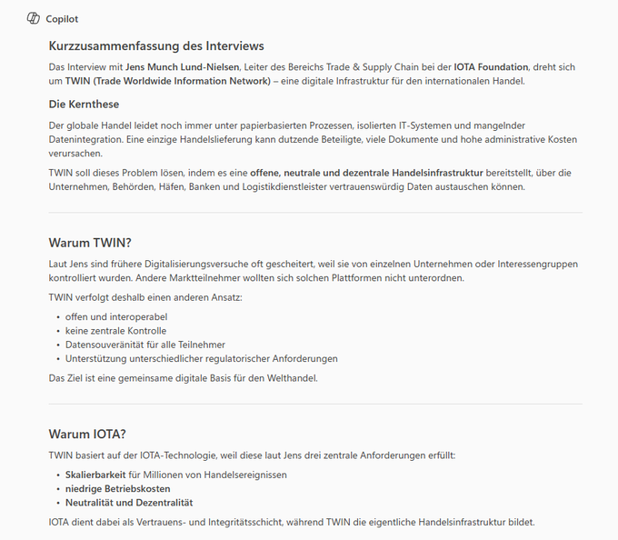 A German-language Copilot summary of an interview with Jens Munch Lund-Nielsen from the IOTA Foundation about TWIN (Trade Worldwide Information Network), explaining its purpose as decentralized trade infrastructure.