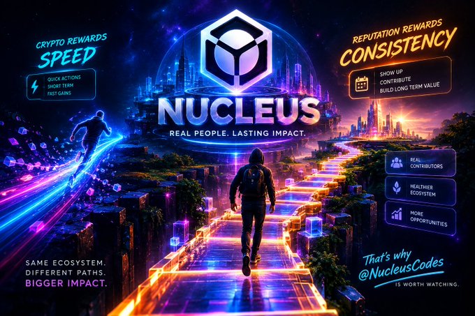 A promotional graphic for 'NUCLEUS' featuring a futuristic neon-lit cityscape with a hooded figure walking on glowing stairs, advertising 'CRYPTO REWARDS SPEED' and 'REPUTATION REWARDS CONSISTENCY' with the tagline 'REAL PEOPLE. LASTING IMPACT.'