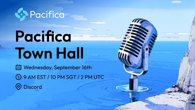A promotional graphic for Pacifica's Town Hall event scheduled for Wednesday, September 16th at 9 AM EST/10 PM SGT/2 PM UTC on Discord, featuring a stylized microphone illustration over an ocean background, aligning with the post announcing the community gathering to share updates.