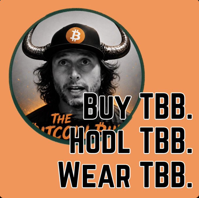 An orange promotional graphic shows a black-and-white portrait of a long-haired man wearing a black Bitcoin cap and bull horns inside a circular frame. Bold text reads “BUY TBB. HODL TBB. WEAR TBB.”, matching the post’s slogan; the shirt also partially reads “THE BITCOIN…,” with “Touch 42C’s.” referenced only in the accompanying caption.