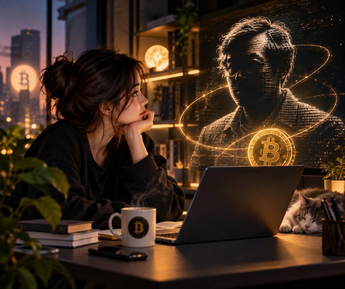 A woman works at a laptop in a dimly lit room, gazing thoughtfully at a glowing golden holographic projection of a man surrounded by Bitcoin (₿) symbols and rings.