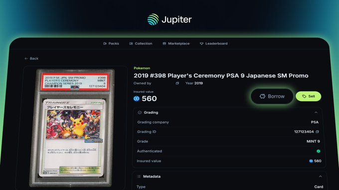 A webpage from Jupiter displays a graded Pokémon card, '2019 #398 Player's Ceremony PSA 9 Japanese SM Promo', with an insured value of 560.