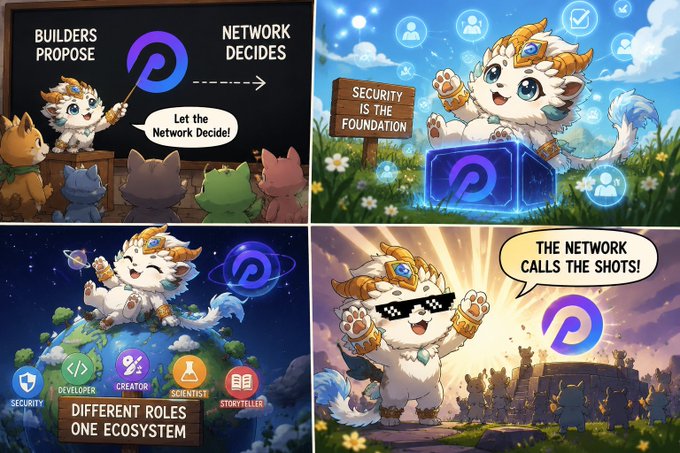 A four-panel cartoon featuring a cute white mythical creature, with text including 'BUILDERS PROPOSE', 'NETWORK DECIDES', 'Let the Network Decide!', 'SECURITY IS THE FOUNDATION', 'DIFFERENT ROLES ONE ECOSYSTEM', and 'THE NETWORK CALLS THE SHOTS!'.