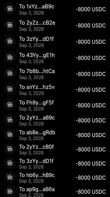 A dark-themed transaction list showing multiple transfers of -8000 USDC to various crypto wallet addresses dated Sep 3, 2028.