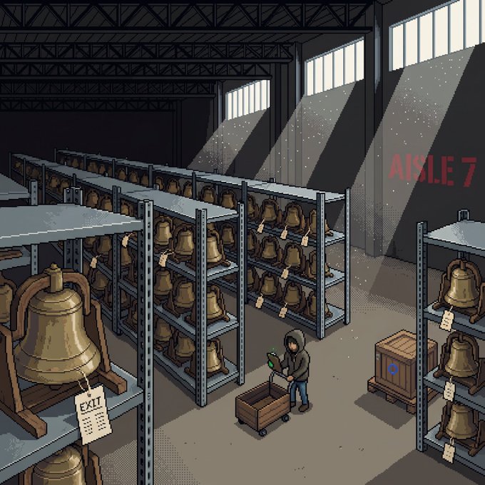 A hooded figure pushes a cart through "Aisle 7" of a dim warehouse lined with towering shelves of tagged bells, mirroring the post's announcement of updated community wallets and a hint at an upcoming reveal tomorrow.