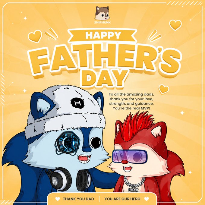 The image features a cartoon cat wearing sunglasses, a hat with headphones around its neck, and glasses that are red and blue. The cat appears to be smiling at the camera while standing next to another cat who also has sunglasses and a hat with headphones on it. The background of the image is yellow, which complements the overall color scheme of the cartoon cats' outfits. In the bottom right corner of the image, there's text that reads "Happy Father's Day! To all the amazing dads, your own strength, and guidance. You're the real MVP!".