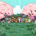 A pixel-art illustration depicts cute characters gathered in a grassy field beneath blooming pink cherry blossom trees.