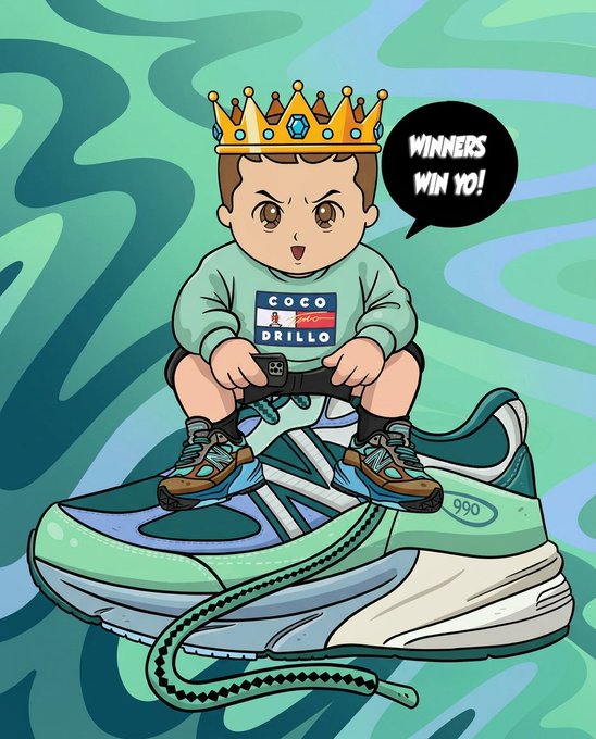 A cartoon illustration of a boy wearing a crown and a "COCO" sweatshirt sitting on a large teal and white "990" sneaker, with a speech bubble reading "WINNERS WIN YO!".