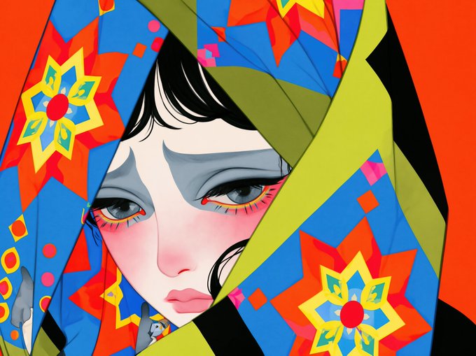 A vibrant pop-art style digital illustration of a woman's face with large expressive eyes, pink makeup, and dark hair, framed by colorful patterned fabric with geometric floral designs in red, blue, yellow, and green.