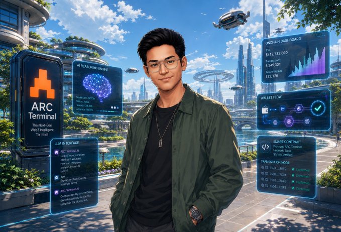 A digital artwork showing a young man wearing glasses standing in a futuristic cityscape, surrounded by holographic interfaces including an 'ARC Terminal' and 'Wallet Flow' displays.