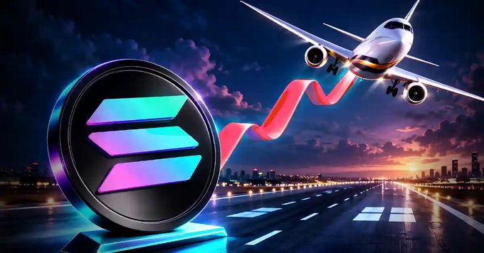 A digital illustration features the Solana logo next to a commercial airplane and a rising pink graph, set against a city skyline at dusk.