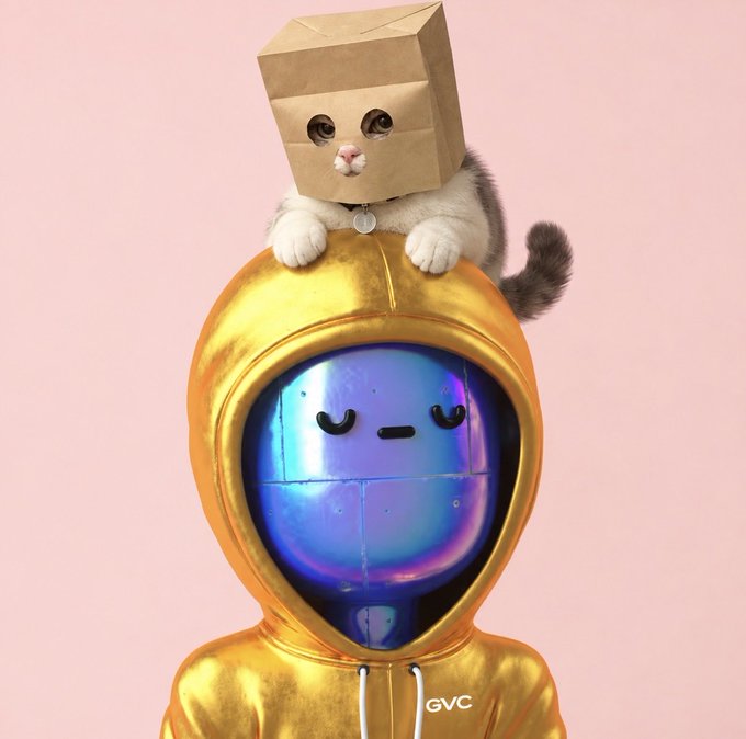 A 3D rendered character with a holographic, iridescent blue helmet-like head and a gold hoodie, with a small gray and white cat peeking out from a brown paper bag perched on top.