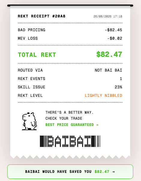 A digital receipt titled 'REKT RECEIPT #20A8' dated 26/08/2026 lists 'BAD PRICING' and 'MEV LOSS' totaling '$82.47', routed 'NOT BAI BAI', featuring a Bambi logo and a message stating 'BAIBAI WOULD HAVE SAVED YOU $82.47'.