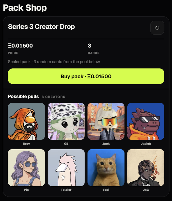The image shows a "Pack Shop" interface for the "Series 3 Creator Drop," priced at Ξ0.01500 (3 cards per pack), featuring 8 possible creator pulls: Brey, GE, Jack, Jasich, Pix, Telacler, Tobi, and UxG. This visually corresponds to the announcement about Series 3 Creator P1 Packs being available for purchase, with each pack containing 3 random creator cards.