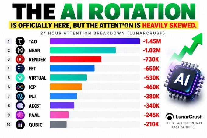 An infographic titled 'THE AI ROTATION IS OFFICIALLY HERE, BUT THE ATTENTION IS HEAVILY SKEWED' showing a 24-hour attention breakdown of top AI tokens led by TAO, NEAR, and RENDER, sourced from LunarCrush.