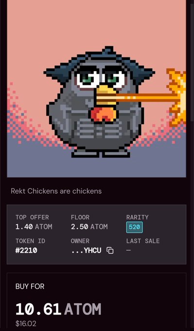 Pixel art NFT of a black chicken breathing fire, displayed on a marketplace listing with a top offer of 1.40 ATOM, floor price 2.50 ATOM, rarity 520, token ID #2210, and a 'BUY FOR 10.61 ATOM ($16.02)' option.