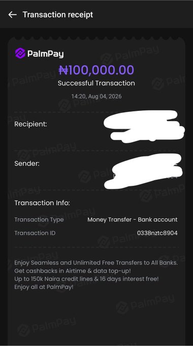 A PalmPay transaction receipt showing a successful ₦100,000.00 money transfer on Aug 04, 2026, with recipient and sender names redacted.