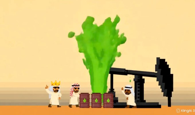 A pixel-art scene shows three cartoon Saudi characters in traditional thobes near an oil pump, with one wearing a golden crown, while a massive green geyser erupts from oil barrels labeled with oil droplet icons—visually representing the explosive hype around TheSaudisNFT collection and its whitelist opportunity.