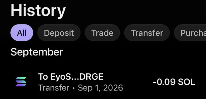 A cryptocurrency transaction history screen shows a transfer of -0.09 SOL to "EyoS...DRGE" on September 1, 2026, under the "All" filter, supporting the sender's claim of sending a small payment.