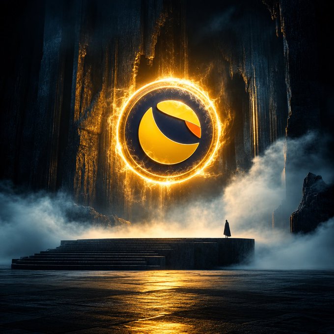 A lone figure stands on a stone platform, gazing up at a massive, fiery golden ring displaying the Terra Luna Classic ($LUNC) emblem, emerging from a dark, misty cavern. The image evokes the post's "Gm $LUNC ARMY" message, symbolizing the steadfast dedication of the LUNC community rising to greet the day.