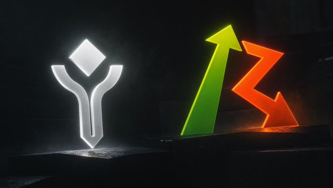 The image features a black background with two sculptures placed on top of each other - one white and one green. The white sculpture has a diamond shape, while the green sculpture has an arrow pointing upwards. Both sculptures are illuminated by light, creating a visually striking scene against the dark backdrop.