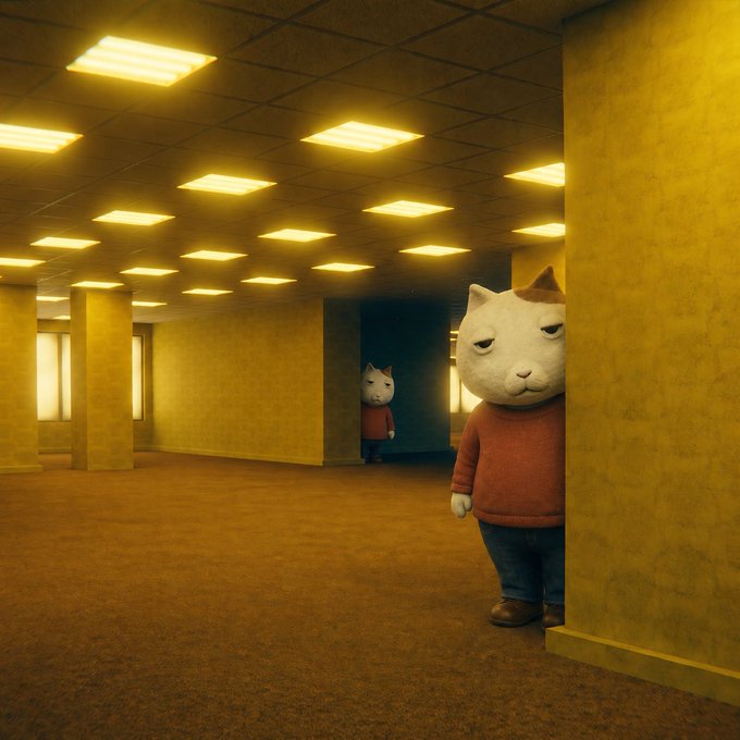 A surreal, yellow-lit empty room reminiscent of the Backrooms, where two anthropomorphic cats in red sweaters peer around a corner.