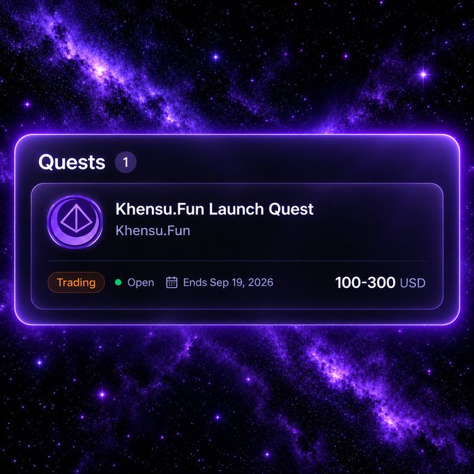 A neon purple space-themed quest card displays the "Khensu.Fun Launch Quest" by Khensu.Fun, marked as a Trading task currently open and ending September 19, 2026, with a reward pool of 100-300 USD. The image visually promotes the Khensu.Fun launch referenced in the accompanying post, highlighting the final week for Hathorians to participate in the quest.