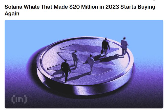 The image features a headline reading "Solana Whale That Made $20 Million in 2023 Starts Buying Again" above a purple-tinted 3D illustration of miniature business people walking across a Solana-branded coin. The visual symbolizes the return of a major SOL investor who previously earned $20 million in 2023 and has now re-entered the market, reportedly purchasing 3.6 million SOL after a 2-year absence, despite the token still trading 74% below its 2025 peak.