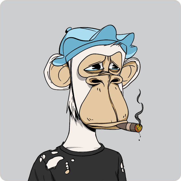 A cartoon Bored Ape-style NFT character with sad blue eyes wears a light blue cap and smokes a cigar while wearing a black shirt.