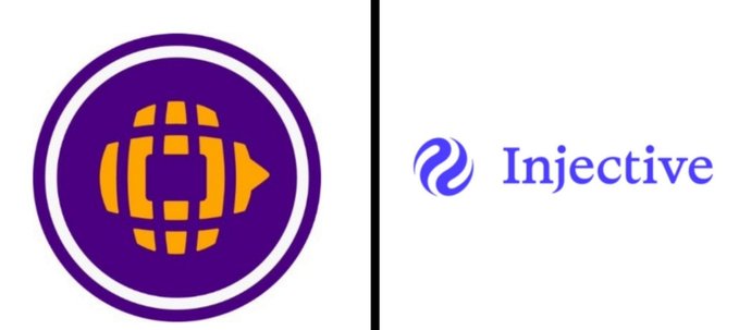 Two cryptocurrency logos side by side: a purple and orange globe icon with an arrow, and the blue 'Injective' logo.