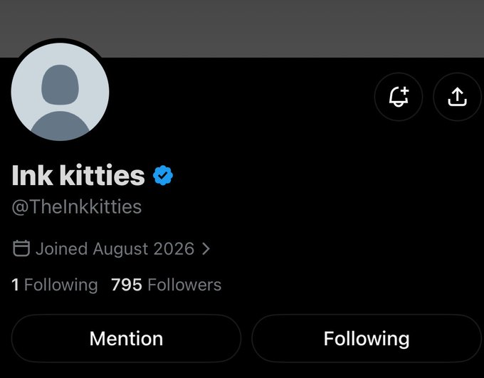Twitter profile for 'Ink kitties' (@TheInkkitties), verified, joined August 2026, following 1 account with 795 followers.